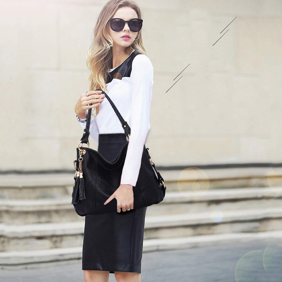 Sac À Main Femme Grand Sac Fourre-Tout Sac Cabas Avec Pompon Sac Bandoulière PU Cuir Souple Sac Epaule Pour Les Cours Shopping Voyage