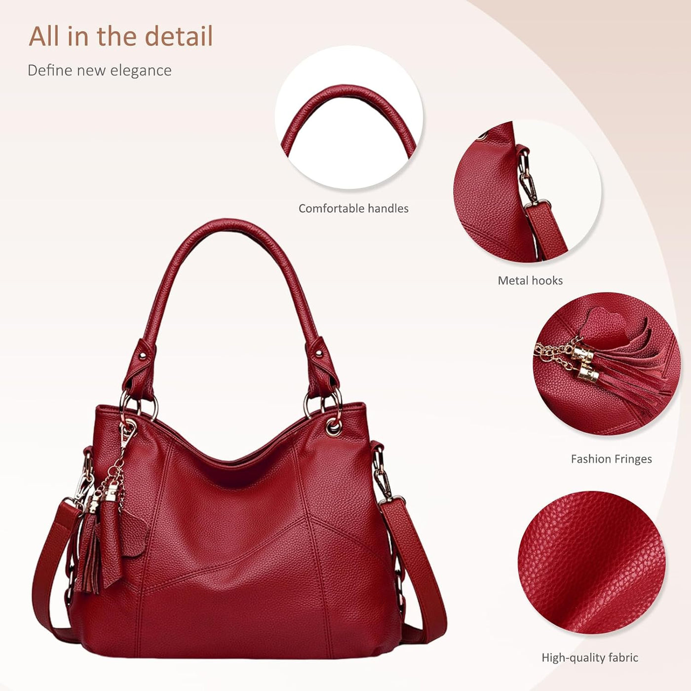 Sac À Main Femme Grand Sac Fourre-Tout Sac Cabas Avec Pompon Sac Bandoulière PU Cuir Souple Sac Epaule Pour Les Cours Shopping Voyage