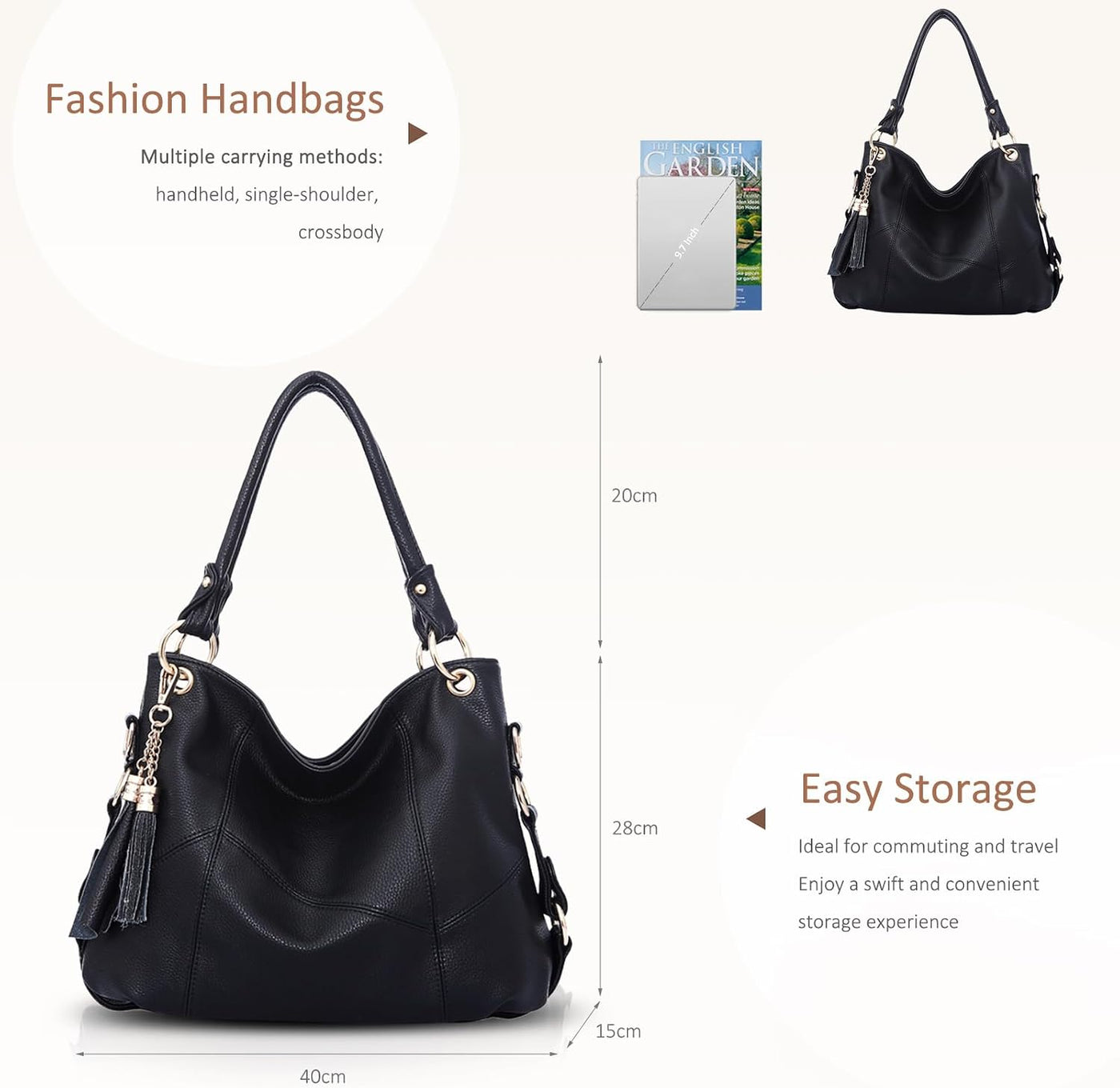 Sac À Main Femme Grand Sac Fourre-Tout Sac Cabas Avec Pompon Sac Bandoulière PU Cuir Souple Sac Epaule Pour Les Cours Shopping Voyage